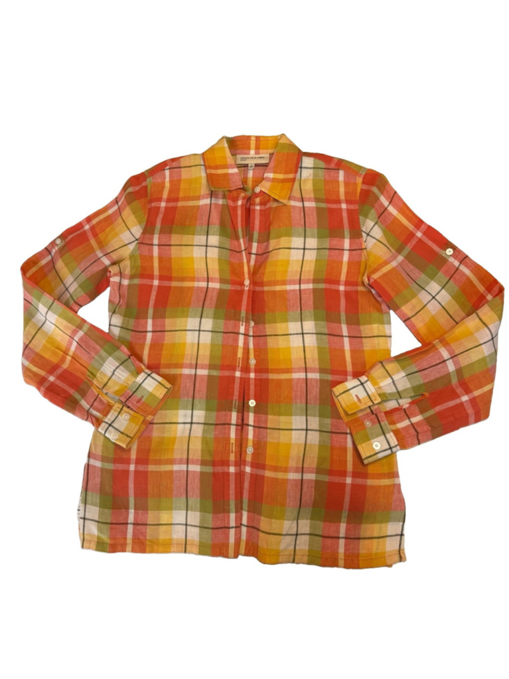 New Jones NY Sport Plaid 100% Linen Shirt Size:S Orange Button Up Summer Casual